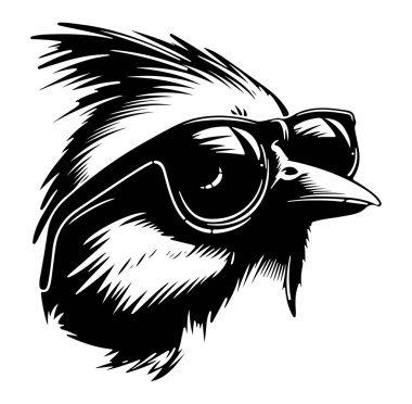 Biçimlendirilmiş Siyah ve Beyaz Sanatta Güneş Gözlüğü Giyen Havalı Kuş