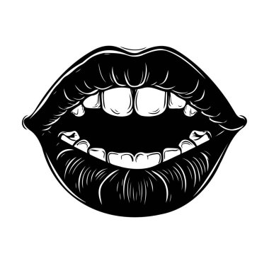 Açık Dudak ve Dişlerin Siyah ve Beyaz Sanatsal İllüstrasyonu