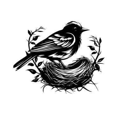 Dal ve Yapraklarla Yuvadaki Kuş Siyah ve Beyaz Tasarım