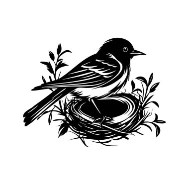 Kuş Yuvada Oturuyor Yapraklar ve Bitkilerle çevrili