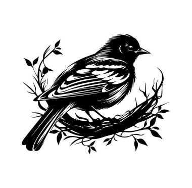 Siyah ve Beyaz Kuş Yaprak Tasarımı ile Dalda Oturuyor