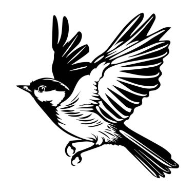 Hareketli Uçan Kuşun Siyah ve Beyaz Çizimi
