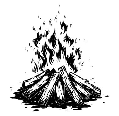 Ateşli kamp ateşi ve Siyah ve Beyaz Ahşap Kütükler