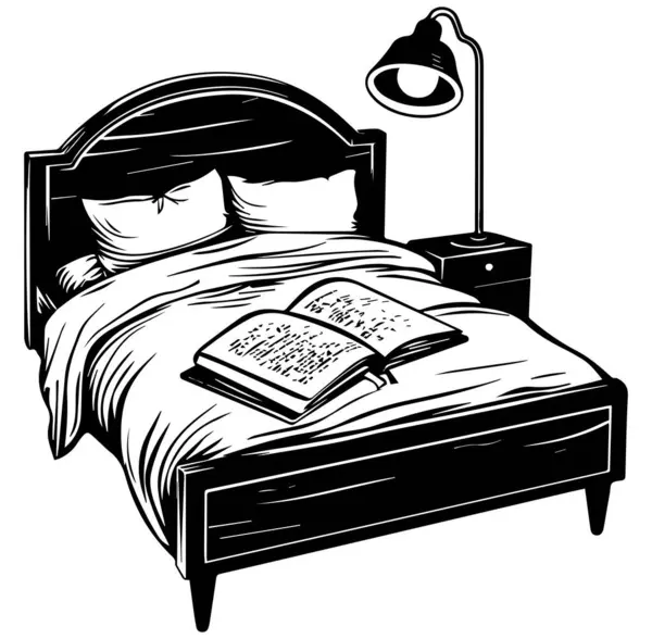 Yatak odası, açık kitap ve yatak odası illüstrasyonu.