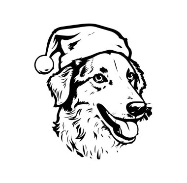 Noel Baba Şapkalı Mutlu Köpek Siyah ve Beyaz Çizim