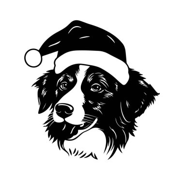 Siyah ve Beyaz Tasarım 'da Noel Baba Şapkası Giyen Neşeli Köpek