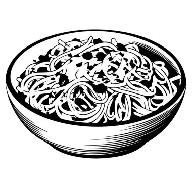 Sosu olan siyah beyaz spagetti kasesi.