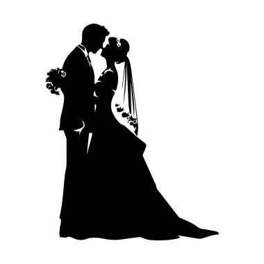 Bir gelin ve damadın romantik silueti şık giyinmiş bir düğün töreninde öpüşüyorlar.