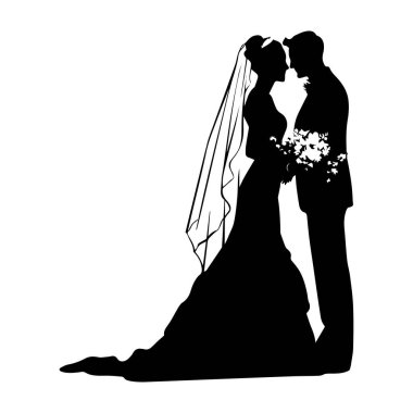 Gelin ve Damat 'ın Şık Silueti Klasik Tarzıyla Düğün Günü' nde Romantik Bir Öpücük Paylaşıyorlar