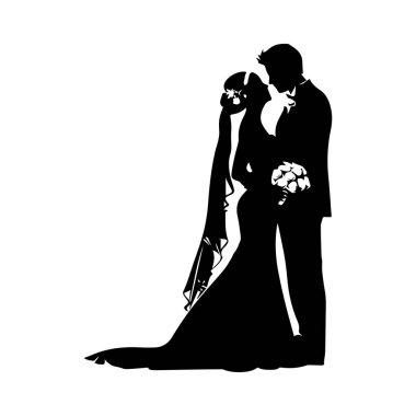 Gelin ve Damat 'ın Romantik Silueti Düğün Günü Öpüşme Buket ve Zarif Peçeyle