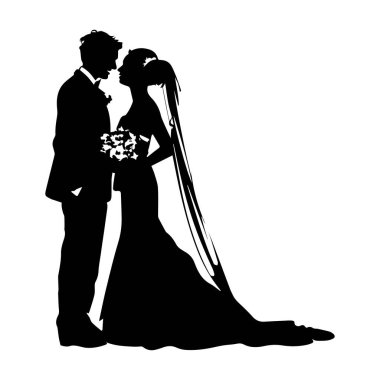 Gelin ve damadın romantik silueti ellerinde buketle düğün günlerinde kucaklaşıyorlar.