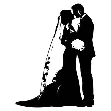 Evlilik günlerinde öpüşen bir çiftin romantik silueti aşkı ve birlikteliği simgeliyor.