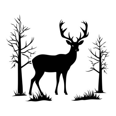 Sanatsal Tasarımda Ağaç ve Çimen Tarlasında Görkemli Geyik Silueti