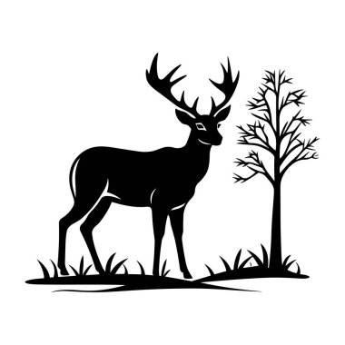 Bir ağacın yanında duran bir geyiğin zarif silueti. Uzun otlar ve yumuşak otlarla dolu doğal bir manzarada.