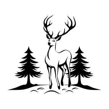 Zarif geyik silueti, sanatsal veya dekoratif kullanım için sakin bir orman sahnesinde uzun çam ağaçlarının arasında duruyor.