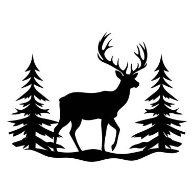 Bir geyiğin görkemli silueti. Sakin bir orman manzarasında, sonsuza dek yeşil ağaçların arasında yürüyor.