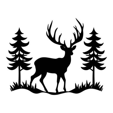 Görkemli bir geyiğin zarif silueti. Etrafı bereketli çam ağaçlarıyla çevrili. Huzurlu doğal bir çevrede.