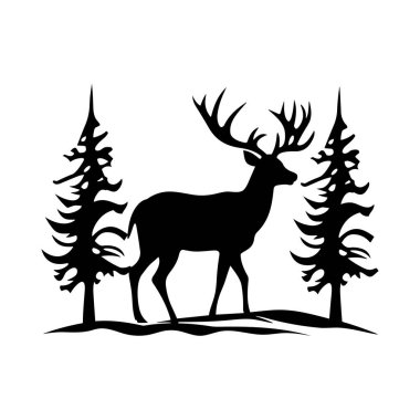 Gün batımında ya da gündoğumunda doğal bir orman manzarasında ebediyen yeşil ağaçların arasında görkemli bir geyik silueti.