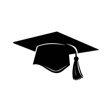 Eğitici temalar ve kutlamalar için düz bir düzlükte püsküllü siyah mezuniyet şapkası silueti
