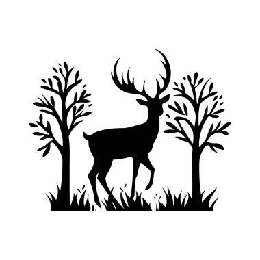 Doğal bir manzara sahnesinde stilize edilmiş ağaçların arasında duran bir geyiğin zarif silueti vahşi yaşam için mükemmel.