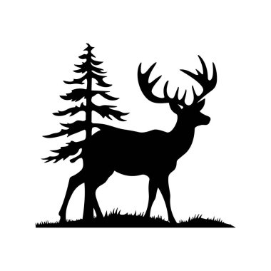 Bir geyiğin heybetli silueti uzun bir çam ağacının yanında dimdik duruyor.