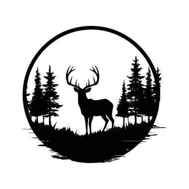 Ormandaki Görkemli Geyik Silueti Ağaçların Ardında Güneş Doğuyor Doğanın Huzurunu Gösteriyor