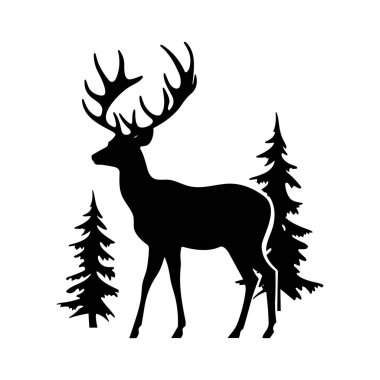 Bir Geyiğin Görkemli Silueti Çevrelenmiş Doğal Vahşi Doğadaki Uzun Evergreen Ağaçları