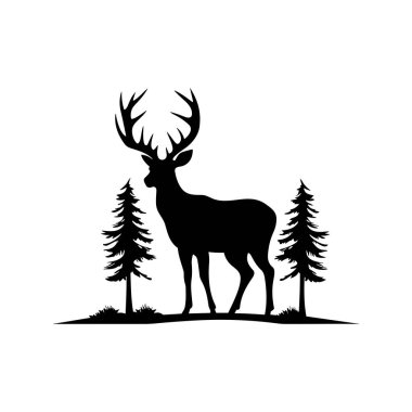 Heybetli bir geyiğin zarif silueti, sakin doğal bir manzarada yüksek çam ağaçlarıyla çevrili.