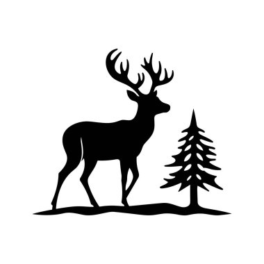 Görkemli Geyik Silueti Doğa 'da Evergreen Ağacı' nın yanında duruyor Vahşi Yaşam ve Açık Hava Teması İçin İdeal