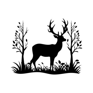 Bir geyiğin görkemli silueti ağaçların ve otların arasında zarif siyah ve beyaz bir dizaynla duruyor.