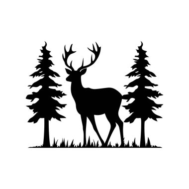 Uzun çam ağaçlarının arasında duran bir geyiğin görkemli silueti. Vahşi yaşam için doğal bir ortam.