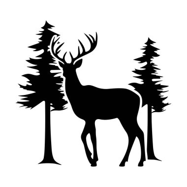 Görkemli Geyiğin Silueti Doğadaki Uzun Çam Ağaçları Arasında Duruyor