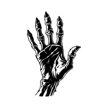 Artistic Illustration of a Skeletal Hand Reaching Out in Black and White Design with Intricate Details and Textures