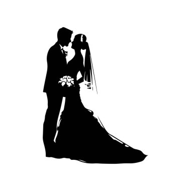 Romantic Silhouette of Bride and Groom Embracing at Wedding Ceremony with Beautiful Wedding Attire and Flower Bouquet
