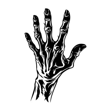 Intricate Black and White Illustration of a Human Hand Reaching Out with Detailed Bone Structure and Veins Visible