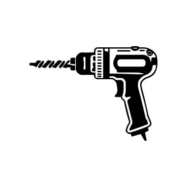 Black and White Illustration of a Handheld Electric Drill with Spiral Bit for Construction and DIY Projects