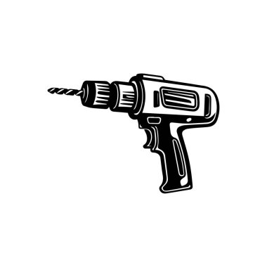 Black and White Illustration of a Vintage Power Drill with Detailed Design Elements and Visible Drill Bit Attachment