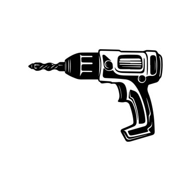 Black and White Illustration of Electric Drill with Twist Bit for Home Improvement and DIY Projects