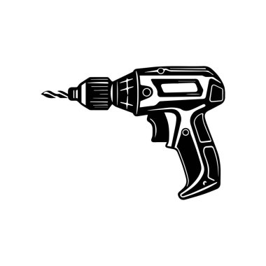 Black and White Illustration of a Handheld Electric Drill with a Spiral Drill Bit for Renovation Projects