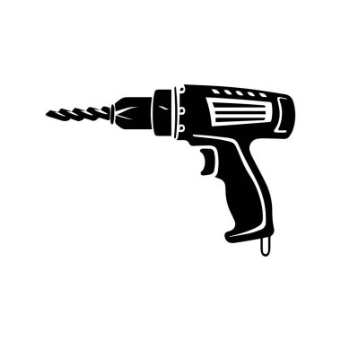 Black silhouette of a power drill with spiral bit on a white background for construction and DIY projects