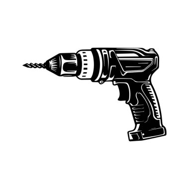 Black and White Illustration of an Electric Drill with Spiral Bit for Construction and DIY Projects