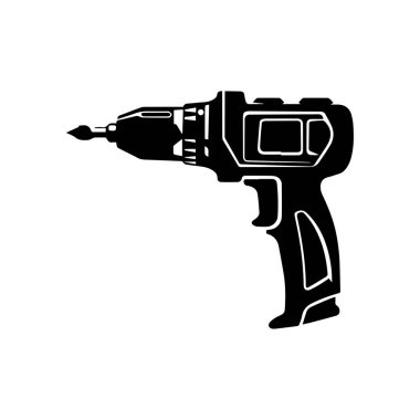 Black and white silhouette of a cordless power drill on a white background for DIY and construction projects