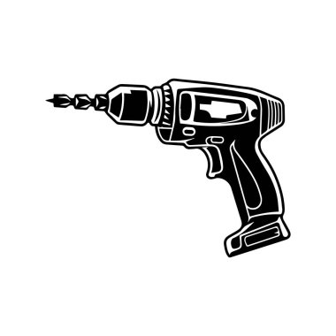 Black and White Illustration of a Handheld Electric Drill with Detachable Bit for Home Repair and Construction Use