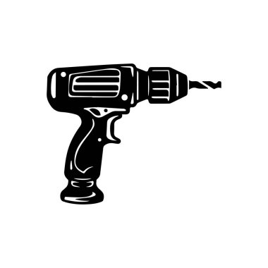 Black silhouette of electric drill on white background for tools, construction, repair projects, and DIY activities