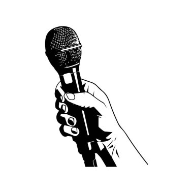 Hand Holding Microphone with Dynamic Presentation Gesture in Bold Black and White Design for Art and Graphic Needs