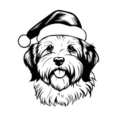 Noel Baba şapkası takan sevimli bir köpek. Bayram temalı tasarımlar, tebrik kartları ve evcil hayvanlarla ilgili sanat eserleri için mükemmel.