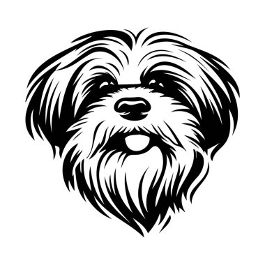 Mutlu bir ifadeye sahip tüylü bir köpeğin çizgi film tarzı çizimi. Evcil hayvan tasarımları ve malzemeleri için mükemmel.