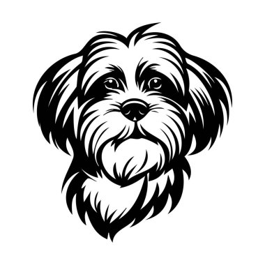 Ayrıntılı Kürk dokusu ve Sanatsal ya da Grafiksel Kullanım İçin İfade Eden Gözlere sahip Bir Köpek Başının Siyah ve Beyaz Çizimi