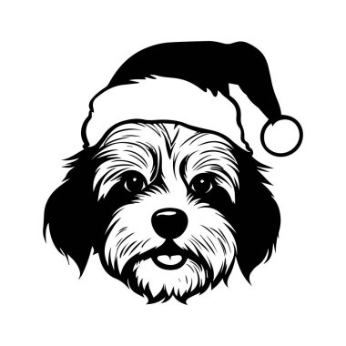 Noel Baba şapkası takan sevimli köpek çizimi, neşeli ve neşeli tasarım tatil sezonları ve evcil hayvan temalı dekorasyonlar için mükemmel.