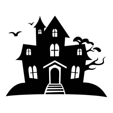 Karanlık Gotik Tarzlı Ürkütücü Ağaçlar ve Kuşlarla Cadılar Bayramı temalı Ürkütücü ve Gizemli Ev Silueti